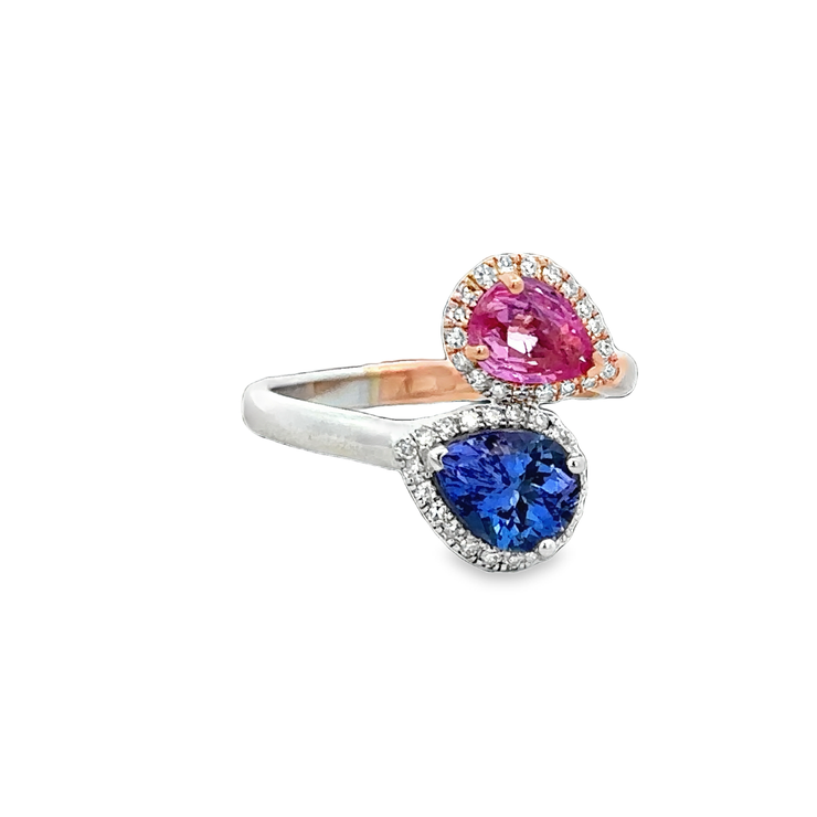 Pink Sapphire and Tanzanite Bypass Ring in Rose Gold