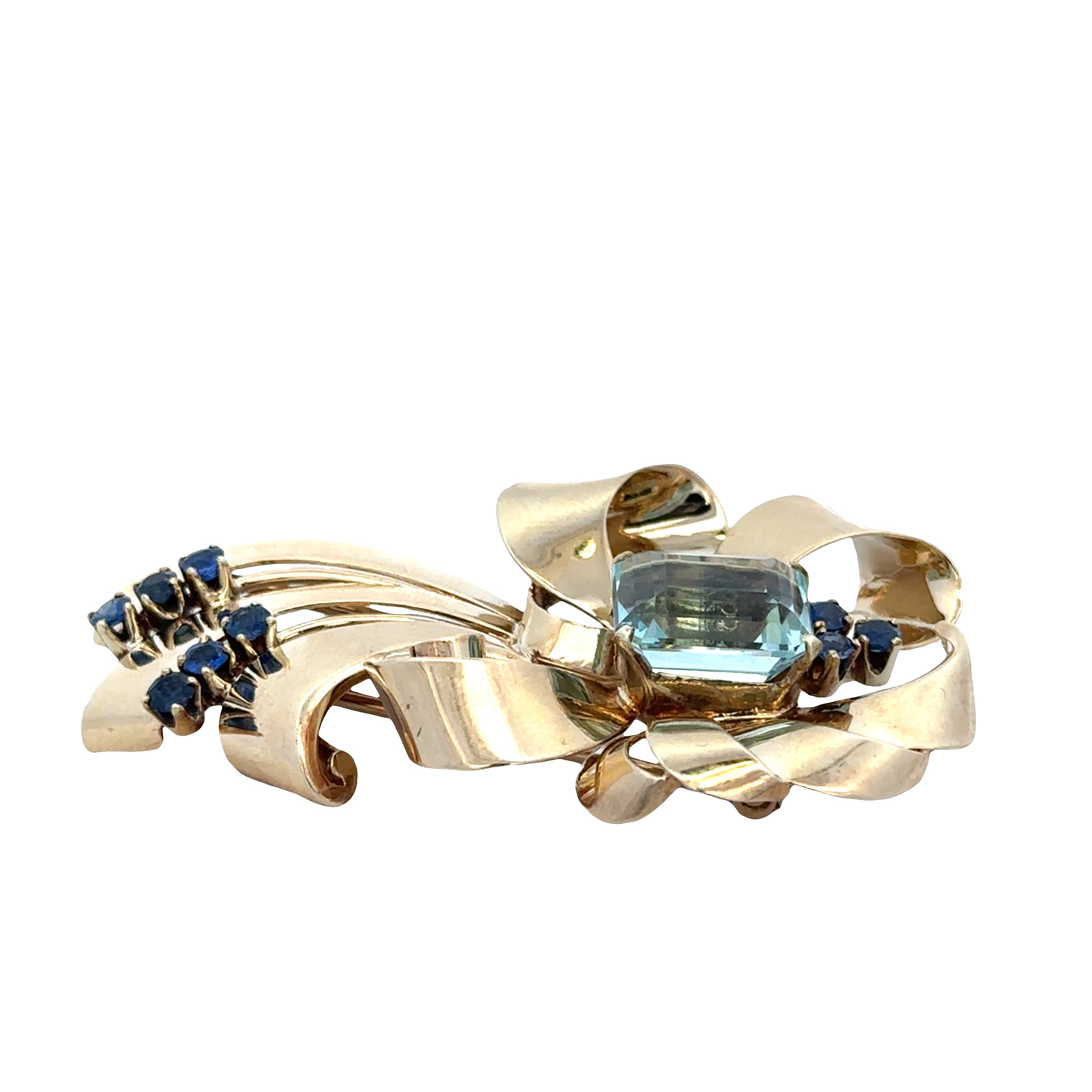 Vintage Tiffany & Co. Retro 14k Yellow Gold Aquamarine & Sapphire Brooch