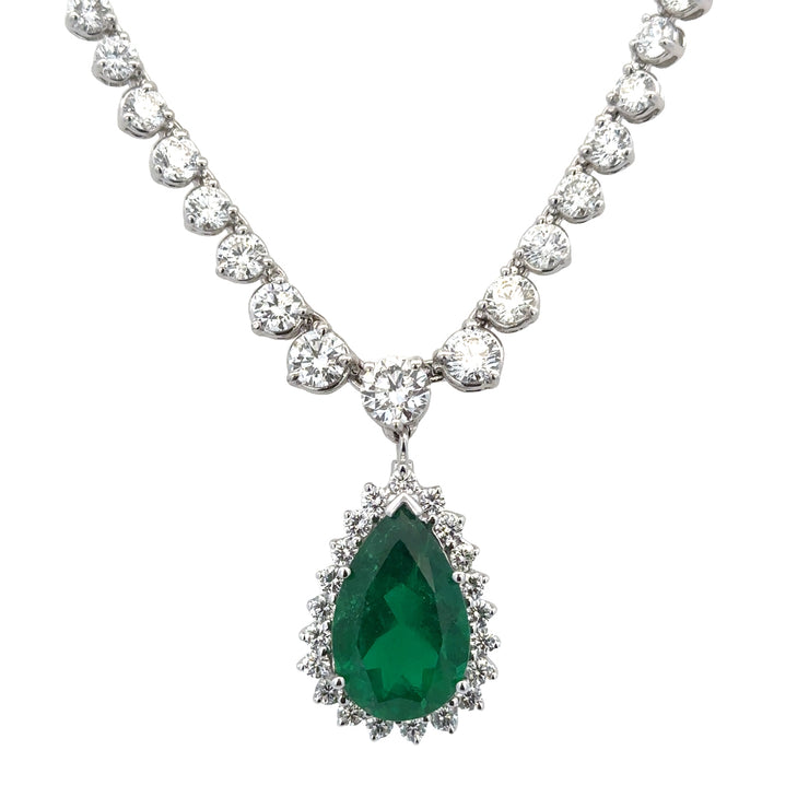 Magnificent 5.81 Pear Cut Colombian Emerald and Diamond Necklace in White Gold