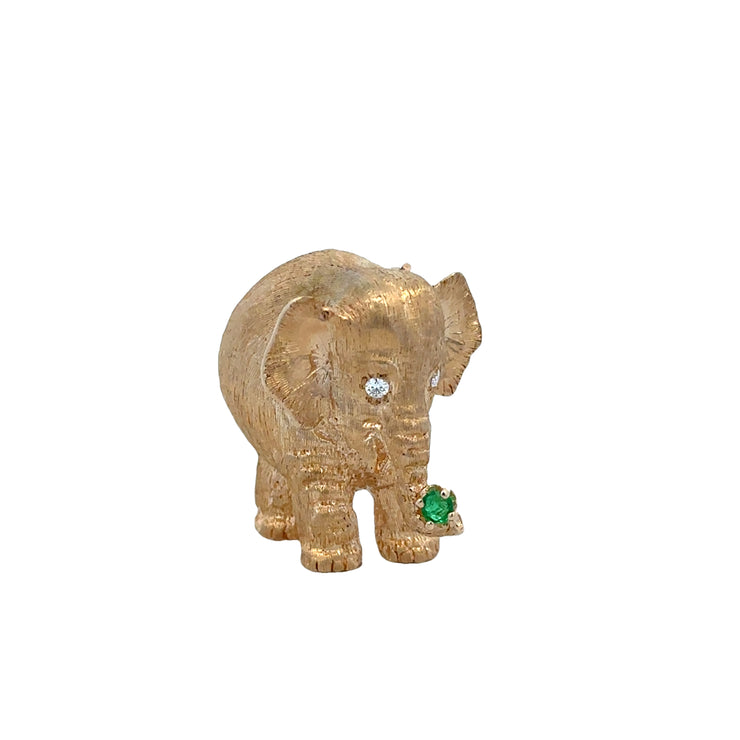 Emerald and Diamond Elephant Brooch in Yellow Gold