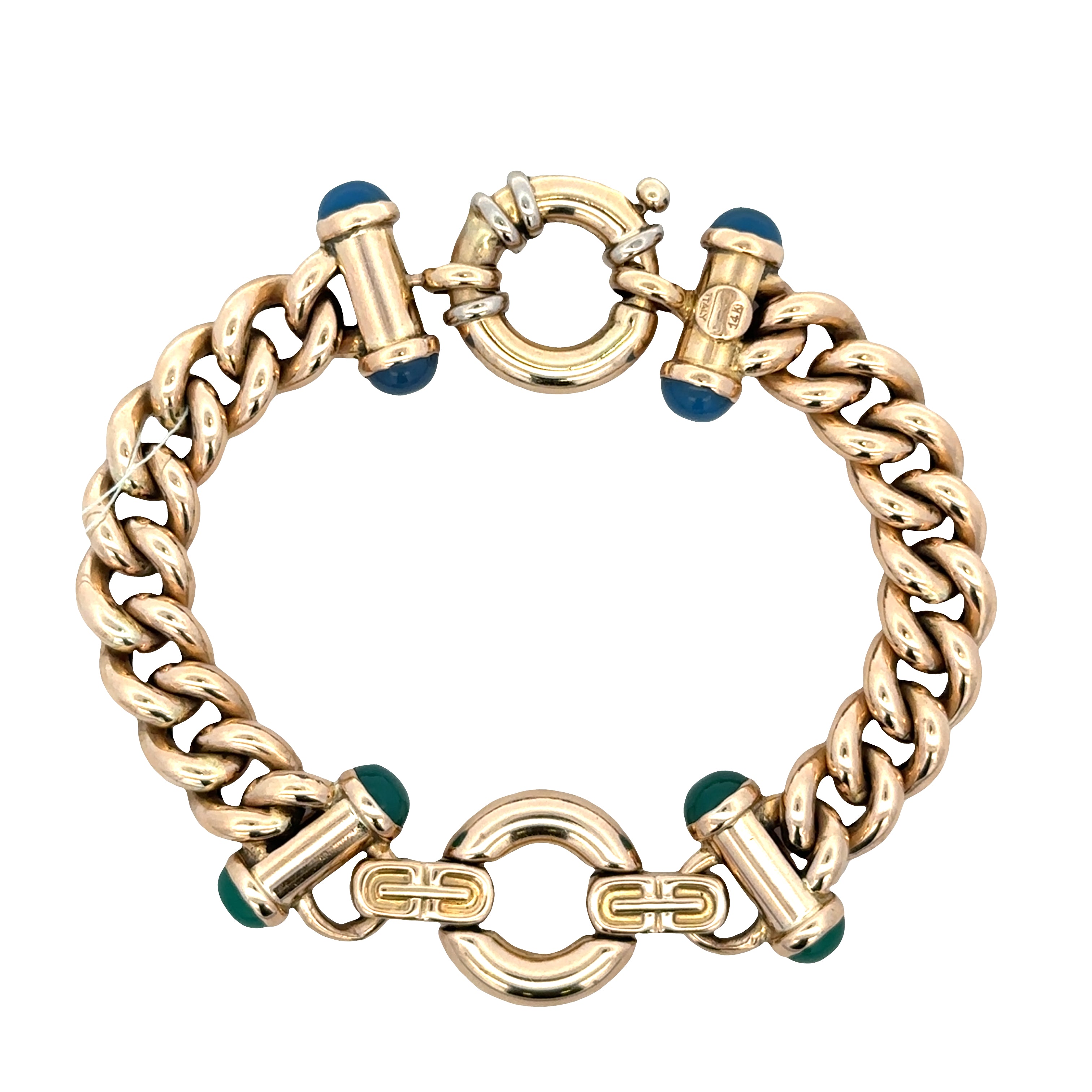 14k Yellow Gold Curb Link Bracelet with Chalcedony Accents – 7"