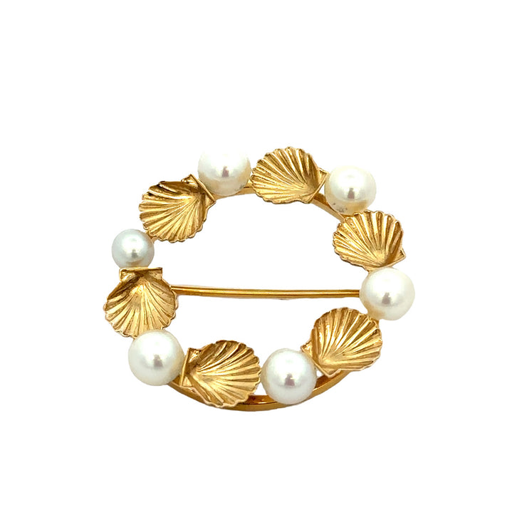 Vintage 1960s-70s Cultured Akoya Pearl and Shell Circle Brooch