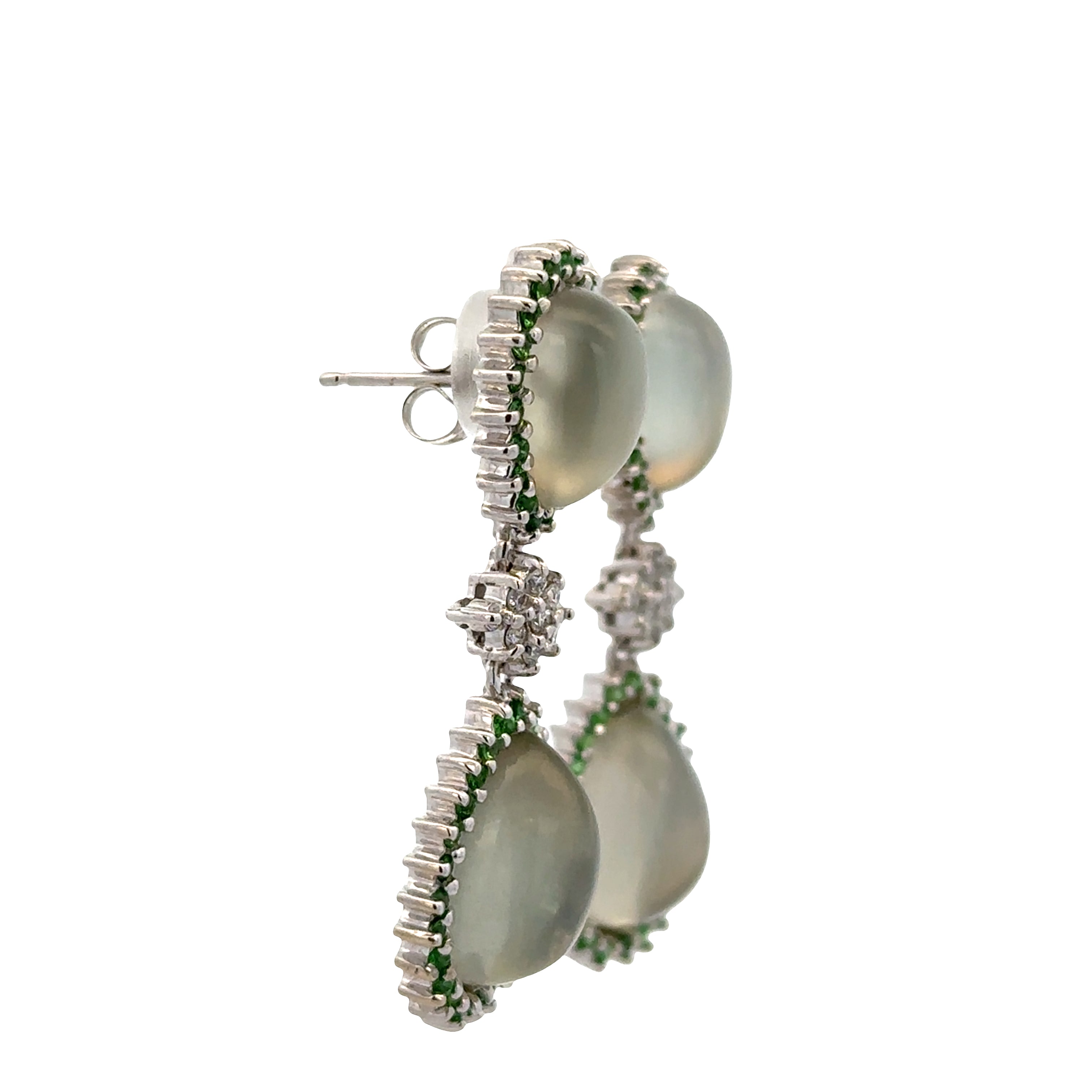 Estate Sonia B 14k White Gold Moonstone, Tsavorite & Diamond Drop Earrings – 1 1/2" Tall