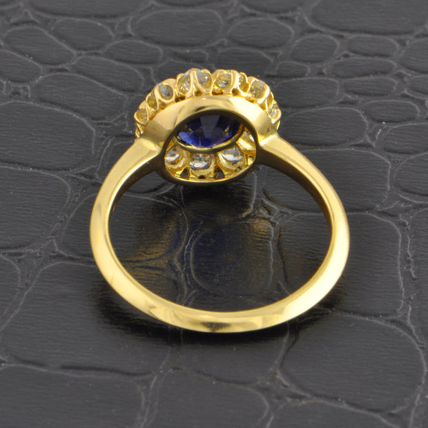 Antique Edwardian Sapphire and Old Mine Cut Diamond Cluster Ring in 18k Yellow Gold