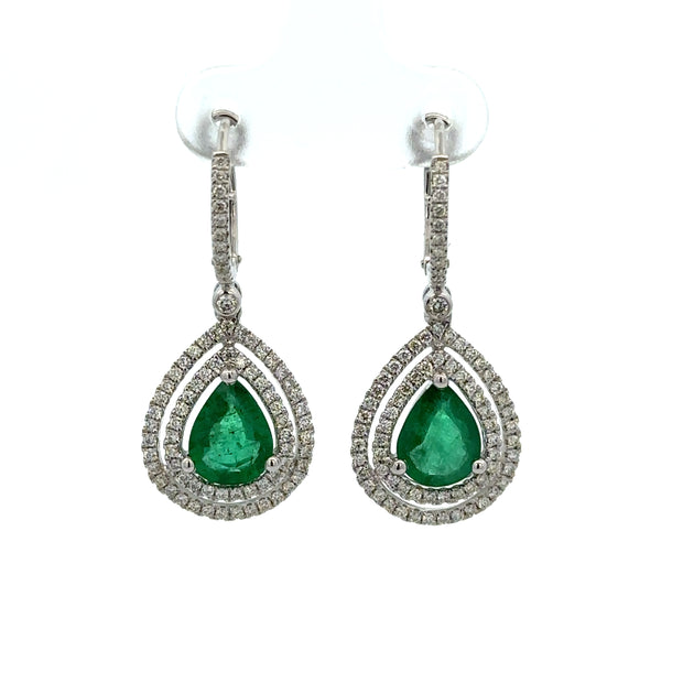 Tear Drop Shaped Emerald and Diamond Earrings in White Gold