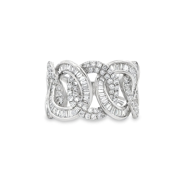 Openwork Baguette and Round Cut Diamond Band in White Gold