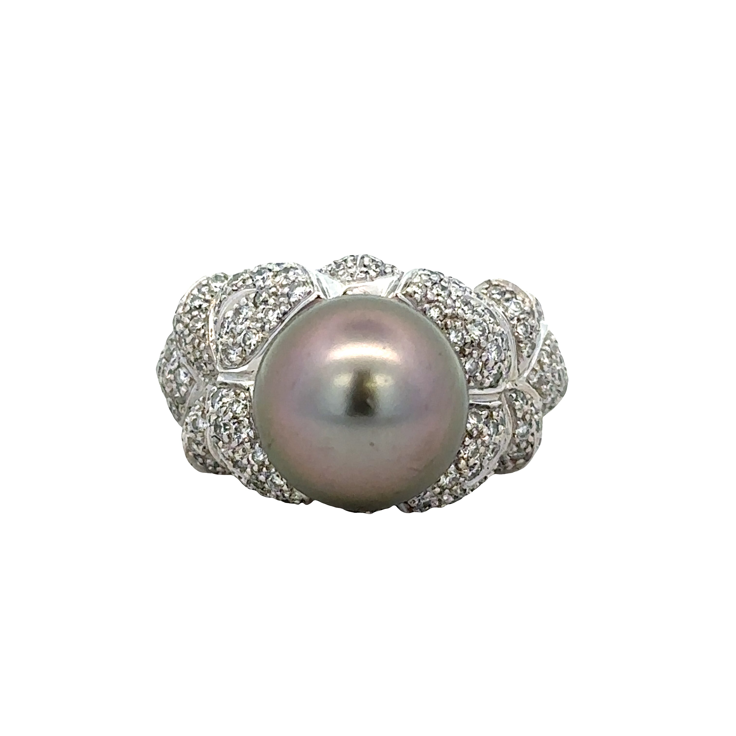Estate Designer Tahitian Pearl and Diamond Ring in 18k White Gold -- Size 6.5
