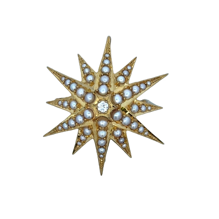 Antique Victorian Seed Pearl and Diamond Starburst Brooch / Pendant in 18k Yellow Gold