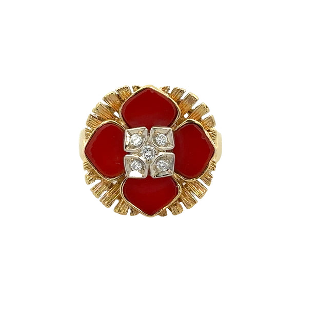 Vintage 1960s Coral and Diamond Flower Ring in 18k Yellow Gold