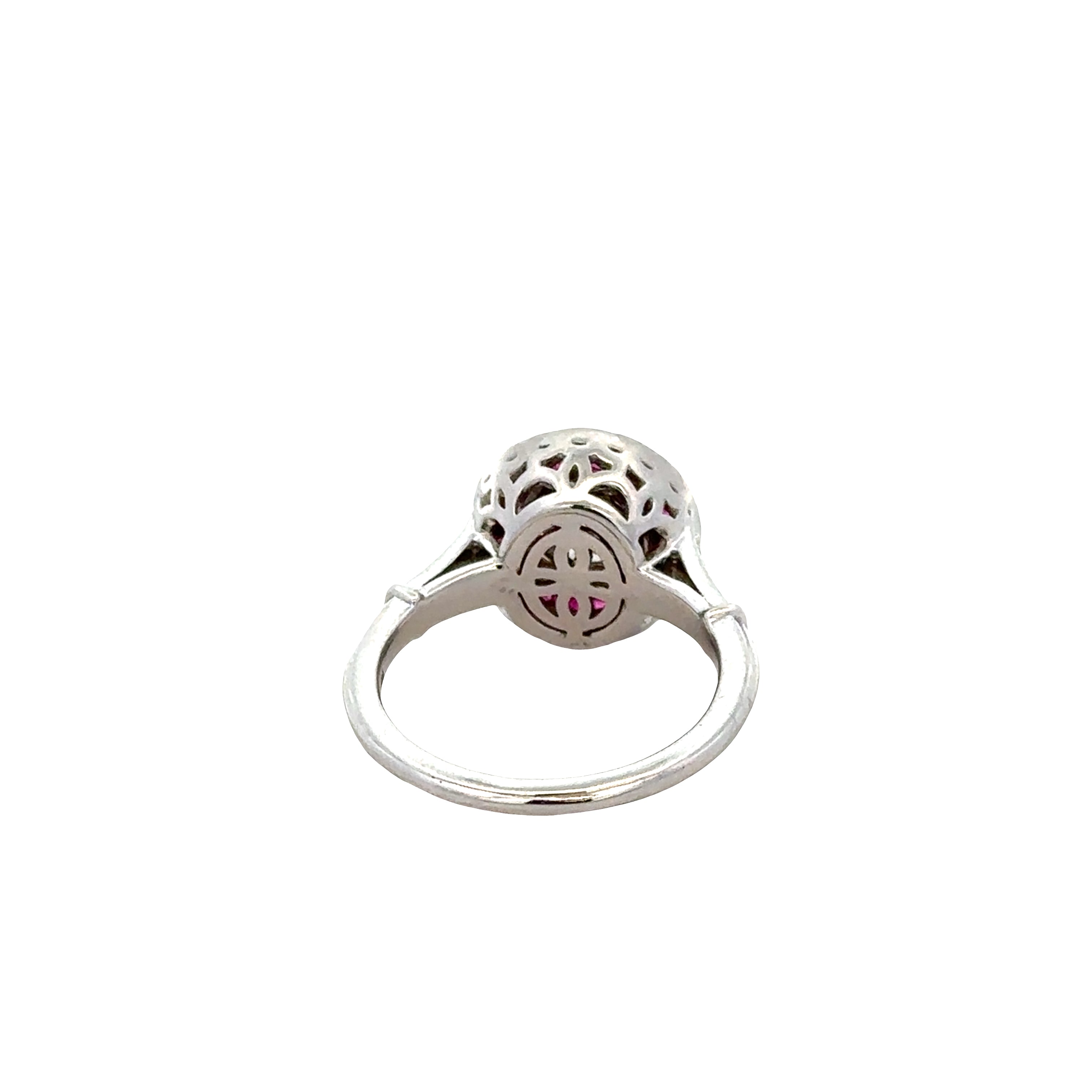 18k White Gold Old European Cut Diamond and Ruby Halo Ring