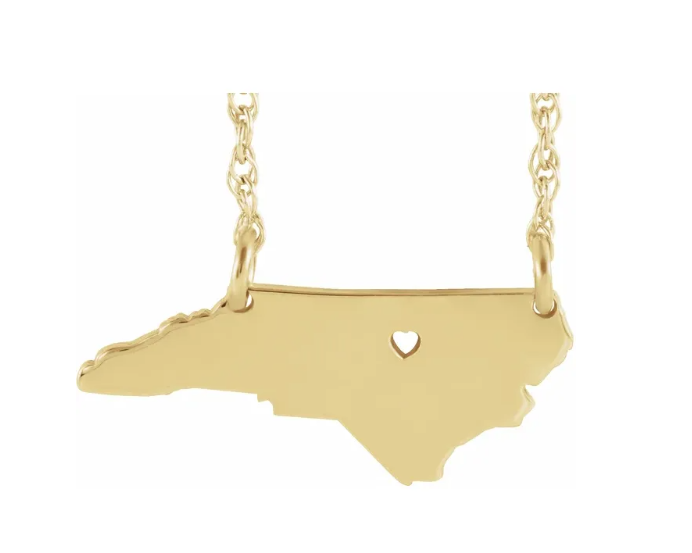 Helene Disaster Relief - North Carolina or South Carolina State Necklace with Heart Pierced City - 14K Gold